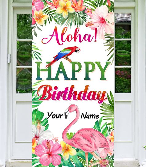 PRICES MAY VARY. 🦩 Exquisite Aloha Party Design: Hawaiian birthday party decoration backdrop design with interesting themed elements such as flowers, parrots, flamingos, palm leaves, bright colors and eye-catching happy birthday fonts, make people shine, definitely your hawaiian party perfect choice for a background, leaving more good memories. 🦩 About The Size: The perfect aloha hawaiian front door backdrop size is 3x6 feet, with holes in the four corners for ropes to pass through, or glued t Flamingo Birthday Backdrop, Tropical Birthday Party Decorations, Happy Birthday Font, Birthday Door, Party Decoration Items, Tropical Birthday Party, Luau Party Decorations, Tropical Party Decorations, Luau Birthday Party