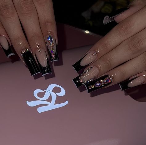 Black Bling Birthday Nails, Black French Tip Nails Square With Rhinestones, Simple Long Nails With Gems, Black Acrylic Nail Designs With Gems, Purple Black Nails Acrylic, Best Acrylic Nails Black, Latina Nail Designs Black, Black Latina Nails, Black And White Nails Long