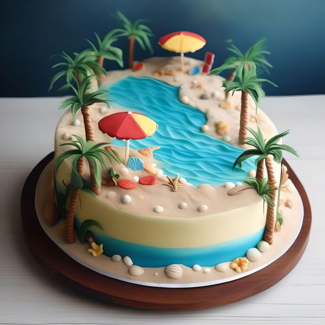 Beach Cakes Ideas, Barbie Dress Cake, Beach Cake, Sea Cakes, Beach Cakes, Modern Cakes, Hawaii Homes, Fake Cake, Fake Bake