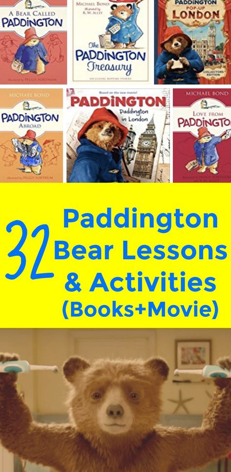 32 Paddington Bear Lesson and Activities (Books+Movies) | Fun Paddington learning for the books, cartoons, and movies #education #lesson #Paddington #homeschooling #kids #homeschool Paddington Bear Preschool Activities, A Bear Called Paddington, Paddington Bear Activities, England Activities For Kids, Paddington Activities, England Activities, Paddington Movie, Paddington Bear Books, Homeschool Literature