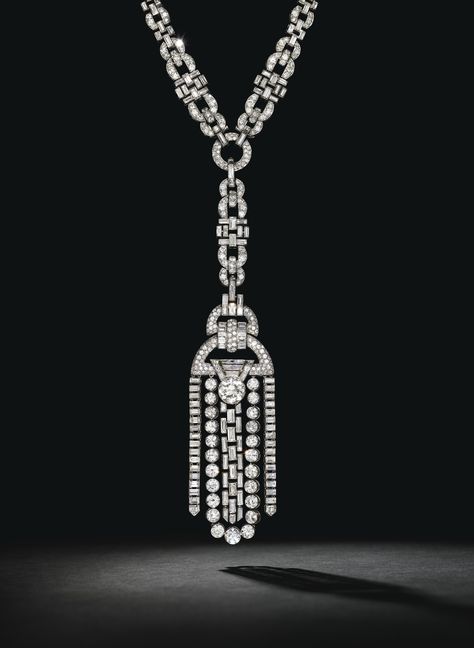 VAN CLEEF & ARPELS | A SENSATIONAL ART DECO DIAMOND SAUTOIR, 1928. Old, single, baguette, square and shield-shaped diamonds, platinum (French marks), neckchain 31 ½ ins., tassel 6 7/8 ins., neckchain may be separated into smaller segments and worn as bracelets, choker and a pendant, 1928, signed Van Cleef & Arpels, 'Paris', workshop marks (Rubel Frères), nos. 30216, 38277. Provenance: Sotheby's, Geneva, 15 May 2008, lot 446. Long Diamond Necklace, Suzanne Belperron, Jewel Drawing, Van Cleef & Arpels, Diamond Pendants Designs, High Fashion Jewelry, Van Cleef And Arpels, Diamond Jewelry Necklace, Bangles Jewelry Designs