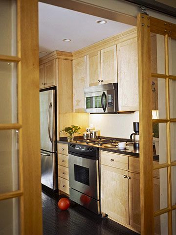 Galley kitchen with glass doors to maximise light and minimise smells! Kitchen With Sliding Glass Door, Galley Kitchen Decor, Galley Kitchen Design Ideas, Open Kitchen Remodel, Galley Kitchen Renovation, 80s Kitchen Remodel, Galley Kitchen Remodel Ideas, Condo Kitchen Remodel, Narrow Kitchen Remodel