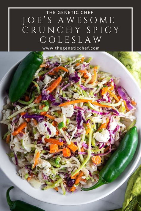 This loaded, crunchy, spicy coleslaw is a perfect addition for your cookouts or gatherings. It’s vinegar based, super delicious, spicy with a touch of sweetness. #coleslaw #coleslawrecipe #spicycoleslaw #vinegarcoleslaw #easyrecipe | @thegeneticchef Spicy Coleslaw, Vinegar Coleslaw, Italian Meat Sauce, Teriyaki Chicken Wings, Watermelon Feta Salad, Italian Meats, Watermelon And Feta, Broccoli Slaw, Pork Sandwich