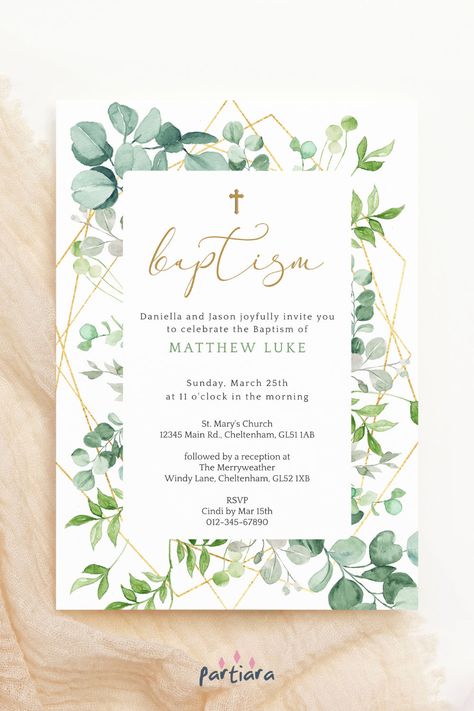 Self-editable 5x7" invite - follow the link for details and free demo! ♦ Easily edit online in your browser then download and print or send digitally ♦ Elegant eucalyptus create this graceful invite for a boy’s or girl’s baptism, celebrating with shades of green and gold ♦ #greenerybaptism #baptismparty #baptisminvitation #baptisminviteboy #greengoldbaptism #baptismprintable #baptismeditableboy #digitalinvitation #baptismdownload #boygirlbaptism Green Gold Decor, Baptism Decorations Boy, Baptism Invitation For Boys, Template Green, Christening Ideas, Girls Party Invitations, Baptism Invitation, Baptism Party, Boy Baptism