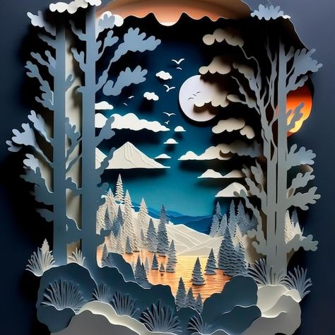 Paper Scenery Art, Layered Paper Art Forest, Paper Layering Art, Paper Mountains, Paper Forest, Fun Diy Projects, Paper Cut Artists, Paper Folding Crafts, Diy Paper Flowers