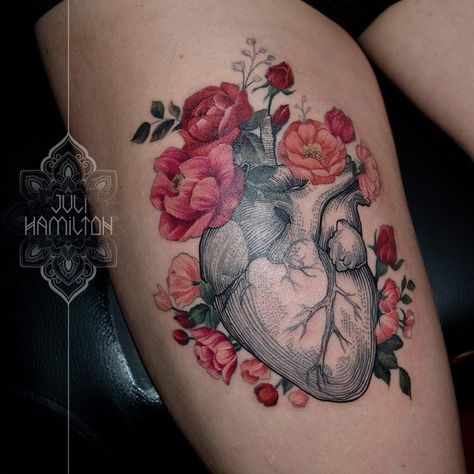 Anatomical Heart With Flowers Tattoo, Heart With Flowers Tattoo, Anatomical Heart With Flowers, Human Heart Tattoo, Heart Flower Tattoo, Tom Segura, Anatomical Tattoos, Scared Straight, Heart With Flowers