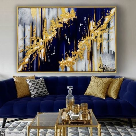 Green And Gold Family Room, Oil Painting Abstract Modern, Blue And Gold Living Room, Victoria Art, Gold Living, Gold Abstract Painting, Blue Living Room Decor, Gold Living Room, Golden Leaf