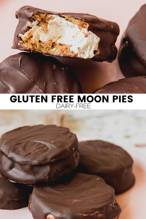 These gluten-free moon pies are the perfect nostalgic treat! They're made with a crunchy grain free cookie, a marshmallow fluff filling, and are coated in dairy free chocolate. Gluten Free Moon Pies, Gluten Free Woopy Pies, Gluten Free Dairy Desserts, Marshmallow Fluff Filling, Freezer Desserts Recipes, Gluten Free Pastries, Gluten Free Dairy Free Snacks, Aip Paleo Desserts, Pinterest Mom