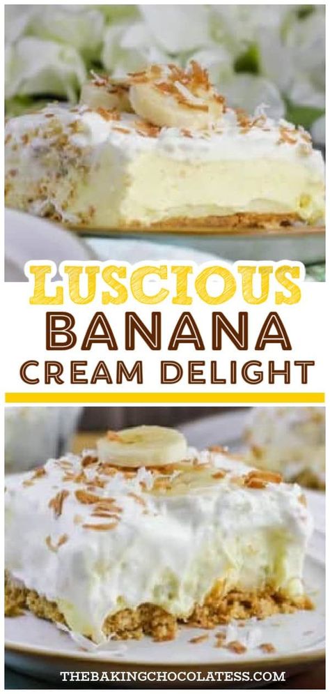 Indulge in the ultimate comfort food with our easy banana cream pie recipe! This homemade dessert is creamy, rich, and absolutely delicious. For a quick and easy treat, try our no bake banana cream dessert that's perfect for any occasion. Impress your guests with our layered banana cream dessert that's sure to satisfy your sweet tooth. Whether you're a fan of classic desserts or looking for something new, our banana cream dessert recipe is sure to become a new favorite. Get baking today! Banana Cream Bars Desserts, Easy Desserts Banana, No Bake Banana Dessert Recipes Easy, Banana Cream Pie Dessert Recipes, Banana Squares Recipes, Banana Pudding Delight, Banana Cream Pie For A Crowd, Banana Cream Dessert Recipes, Banana Lasagna Dessert