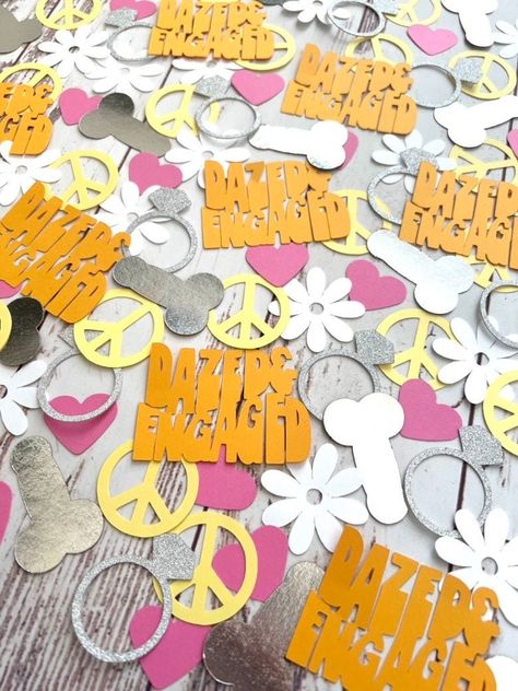 So fun! Bachelorette Party Themes Dazed And Engaged, Bachelorette Party Ideas Dazed And Engaged, Art Themed Bachelorette Party, Dazed And Engaged Decorations, Groovy Hens Party, Disco Themed Decorations, 70s Bach Party, Retro Bachelorette Party Ideas, Bachelorette Dazed And Engaged