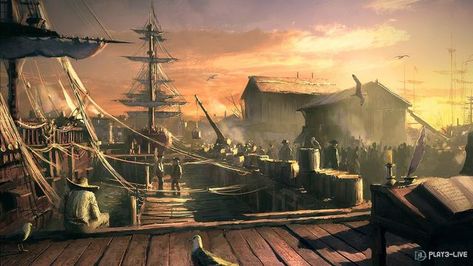 Isle Of The Lost, Pirate Theme, Crescent City, Pirate Ship, Environment Concept Art, Assassins Creed, Street Scenes, Theme Park, Sailing Ships