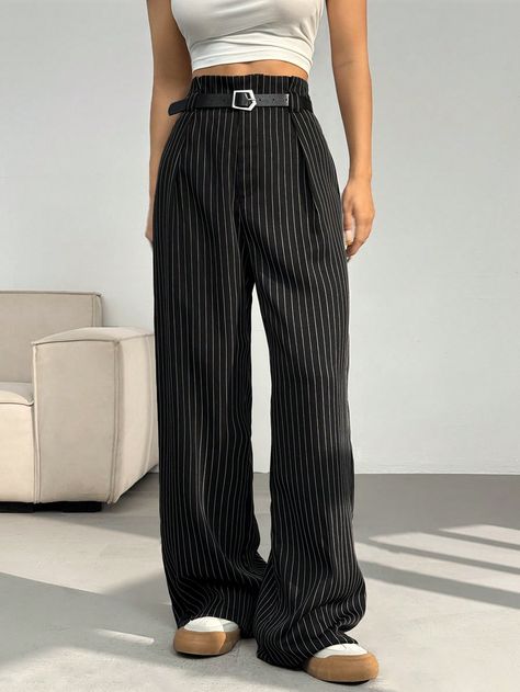 Spring Autumn Black White Striped Loose Straight Leg Pants With Belt Black and White    Woven Fabric  Straight Leg Non-Stretch  Women Clothing, size features are:Bust: ,Length: ,Sleeve Length: Pants With Belt, Black And White Pants, Breast Tape Lift, Blazer And Shorts, Straight Trousers, Hair Fragrance, Belt Black, Black Party, Straight Leg Pants