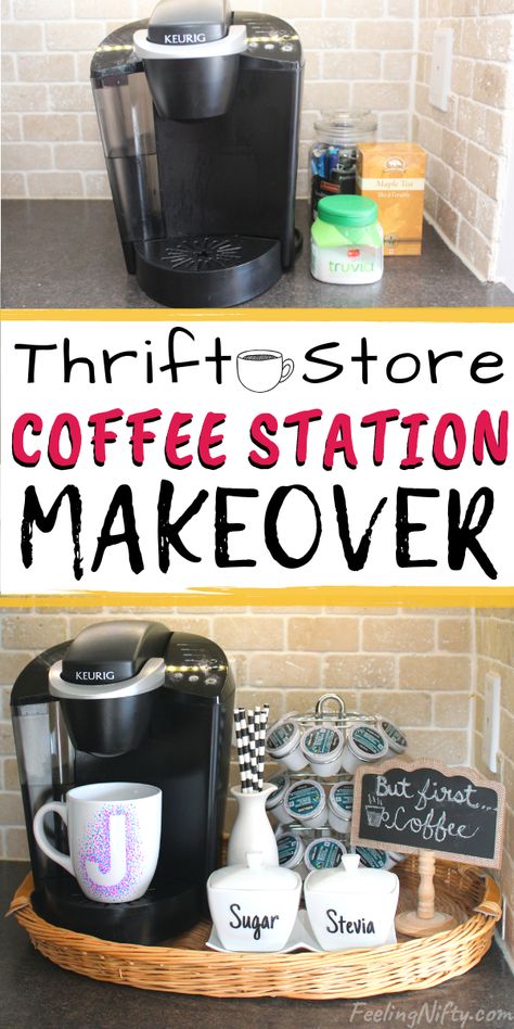 Create an organized DIY Keurig Coffee Station with Farmhouse style at home. This counter coffee nook was created with Thrift store items all for $25. Also includes other ideas and products like coffee decor signs, small coffee products, party ideas, baskets, trays, decorating ideas, keurig pod display and organization and more... #keurig #keurigCoffeeStation #CoffeeNook #CoffeeDecor #CoffeeStation #KitchenDecor #KitchenIdeas #CounterOrganization Coffee Pot Tray Ideas, Coffee Pot On Counter Ideas, Small Coffee Station Ideas, Keurig Coffee Station, Diy Coffee Station, Coffee Organization, Diy Sharpie Mug, Coffee Counter, Thrift Store Upcycle