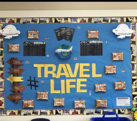 Tourism Classroom Ideas, Travel Bulletin Board Ideas Classroom, Passport Bulletin Board Ideas, Ra Travel Theme Bulletin Boards, Travel Bulletin Board Ideas, Geography Bulletin Board, Adventure Bulletin Board, Travel Bulletin Boards, Language Classroom Decor