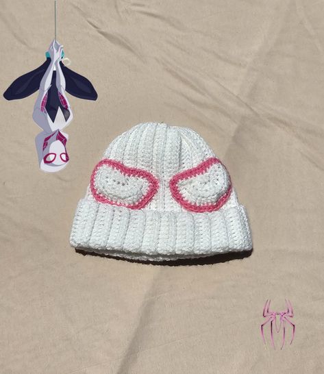 Gwen Stacy / Ghost-Spider inspired beanies #crochet #spiderverse #spiderwomen #spiderman #crochetspiderverse #beanie #spiderversebeanie #matchingbeanie #craft Beanies Crochet, Pink Beanie, Ghost Spider, Pink Beanies, Gwen Stacy, Spider Verse, Spiderman, Ghost, Crochet