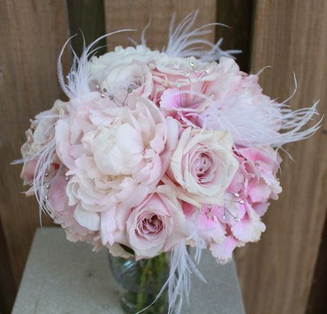 Wedding Bouquet Feathers, Wedding Florals With Feathers, Prom Bouquet With Feathers, Vegas Wedding Bouquet, Bouquet With Feathers, Hydrangea Bridesmaid Bouquet, Flowers Bouquet Ideas, Prom Bouquet, Feather Bouquet