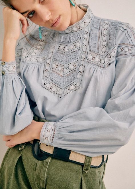 Bamba Blouse - Blue - Cotton - Sézane Virtual Travel, Designs For Dresses, Vintage Beauty, Blue Blouse, Lace Blouse, Parisian Style, High Collar, Eminem, Fashion Tops