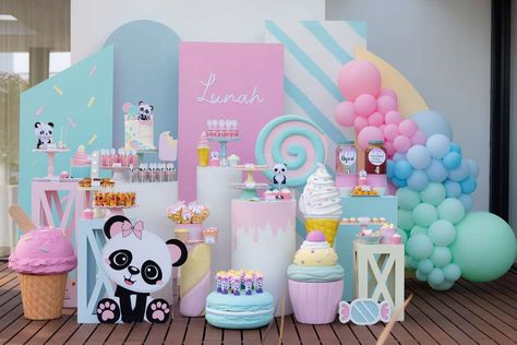 Panda and Candy birthday party | CatchMyParty.com Panda Birthday Party Ideas, Panda Birthday Theme, Panda Candy, Panda Birthday Party, Candy Theme Birthday Party, Candy Themed Party, Candy Birthday Cakes, Candy Land Birthday Party, 1st Birthday Girl Decorations