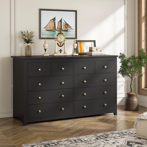 PRICES MAY VARY. 【Elegant and Modern Wood Dresser】 EnHomee 10 Drawer dresser is composed of black and gold color,which is the most classic of simple style .The metal circle handles on each drawer provide a stylish and unique accent, creating a visually appealing piece of furniture. Black dresser makes your house look cleaner and show the owner’s unique aesthetic standard. 【Black Dresser with Ample Storage Space】Black dresser features with 6 spacious drawers and 4 samll drawers, providing ample s 6 Drawer Dresser Bedroom, Midcentury Dresser, Dressers For Bedroom, Black Dresser, Large Dresser, Black Dressers, Dresser For Bedroom, Wide Dresser, Furniture Black