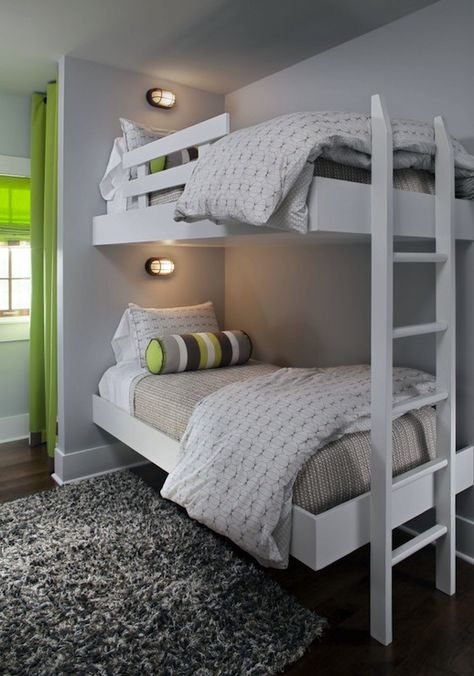 Love this idea for teen/pre-teens room! Dream House: Kids Rooms Walter Segal, Kids Room Paint Colors, Bunk Room Ideas, Bunk Beds Boys, Gray Bedroom Walls, Girls Bed, Modern Bunk Beds, Teens Room, White Bunk Beds