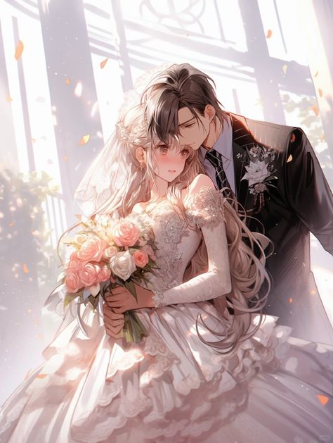 Marriage Anime Couple, Anime Wedding Couple Marriage, Married Anime Couple, Wedding Anime Couple, Manhwa Wedding, Wedding Anime, Anime Bride, Anime Crystal, Anime Wedding Dress