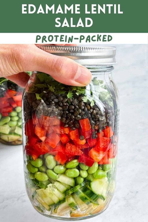 15-minute easy vegan Edamame Lentil Salad is a no-cook recipe. High in plant-based protein, iron, & omega 3s, with a mouthwatering Asian-inspired dressing. This healthy lunch or dinner is perfect for meal prep. Makes 4 (16-ounce) mason jar salads. Vegan Edamame, Edamame Recipes Salad, Mason Jar Meal Prep, Mason Jar Lunch, Mason Jar Salads, Edamame Recipes, High Protein Salads, Jar Salads, Jar Salad