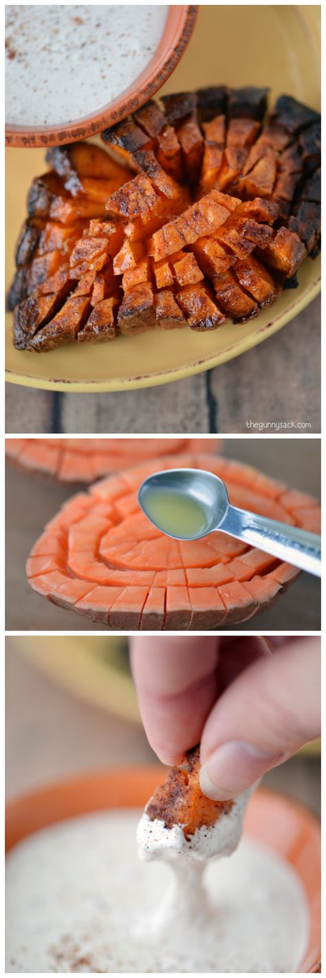 Blooming Sweet Potato recipe seasoned with cinnamon, nutmeg and a Marshmallow Cream Dip Sweet Potato Marshmallow, Gunny Sack, Garbanzo Bean, Sweet Potato Recipe, Marshmallow Dip, Cream Dip, Diy Easy Recipes, Marshmallow Cream, Recipes With Marshmallows