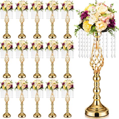 PRICES MAY VARY. Pack of 15 vases: you will receive 15 pieces of tall vases for centerpieces, 49 cm/19.3 inches in height, top disc diameter is 20 cm/7.87 inches, base diameter is 14 cm/ 5.51 inches, excluding artificial flowers, suitable for housewarming or wedding gift Reliable to use: our crystal flower stand is made of quality zinc alloy decorated with acrylic beads, metallic texture and elegant surface, making it exquisite, which can be applied for a long time; Note: the color between gold Formal Wedding Centerpieces, Wedding Party Reception, Banquet Centerpieces, Gold Wedding Centerpieces, Quince Decorations, Party Reception, Gold Centerpieces, Crystal Centerpieces, Metallic Texture