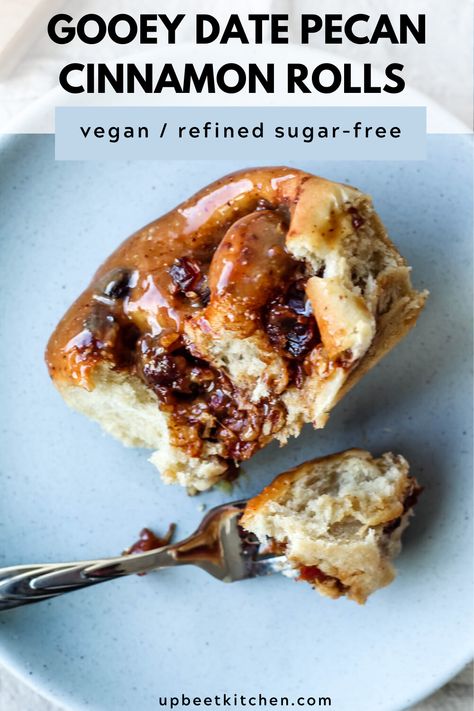 I could eat these vegan date pecan cinnamon rolls every day. Made with a light, fluffy dough and a filling of vegan butter, dates, pecans, cinnamon, and coconut sugar, PLUS maple almond butter glaze. They're refined sugar-free and have some nutritionally redeeming qualities, and they're just begging to be enjoyed as a fun weekend breakfast! #cinnamonbuns #cinnamonrolls #veganrecipe #healthyrecipe #veganbaking Pecan Cinnamon, Maple Almond Butter, Healthy Cinnamon Rolls, Pecan Cinnamon Rolls, Butter Glaze, Vegan Cinnamon Rolls, Vegan Sugar, Vegan Bread, Ginger Recipes