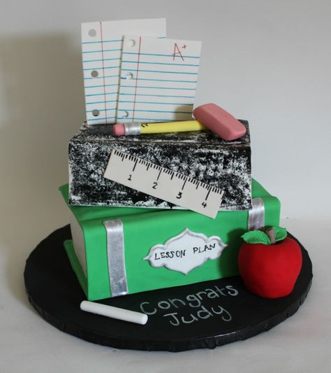 Teacher Retirement Cake Teacher Retirement Cake, Teacher Birthday Cake, School Cakes, Retirement Party Cakes, Miss Cake, Teacher Cakes, Interesting Cakes, Retirement Cake, Book Cakes