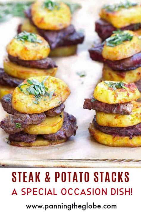 These steak and potato stacks make the perfect special occasion appetizer or main dish. Salt and pepper crusted beef tenderloin stacked with spiced roasted potatoes. #ValentinesDayRecipe #HolidayRecipe #AppetizerRecipe Potatoes Stacks, Crusted Beef Tenderloin, Steak Appetizers, Beef Appetizers, Steak And Potatoes, Potato Stacks, Potato Appetizers, Steak Potatoes, Food Fails