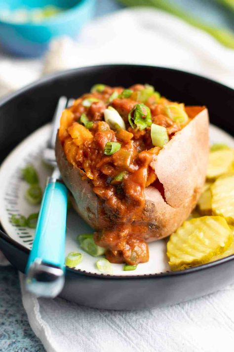 These 25 Awesome Stuffed Baked Potato Recipes are pure comfort food but some are very healthy too! These stuffed potatoes can easily be an entire meal. #stuffedbakedpotato #bakedsweetpotato #bakedpotatomeal Sloppy Joe Sweet Potato, Paleo Sloppy Joes, Sweet Potato Bbq, Lentil Sloppy Joes, Recipe Sweet Potato, Sloppy Joe Recipe, Whole30 Dinner, Twice Baked Sweet Potatoes, Stuffed Sweet Potatoes