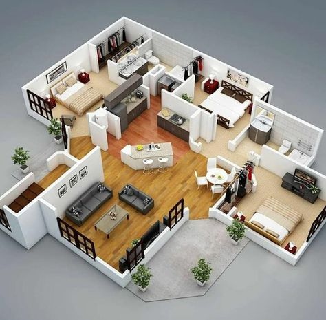 3d House Plans, Apartment Floor Plans, Sims House Plans, House Layout Plans, Sims House Design, 3d Floor, Bungalow House Design, Design Del Prodotto, Open Spaces