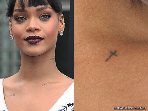 Rihanna's Tattoos & Meanings | Steal Her Style Rihanna Tattoo Chest, Rhianna Tattoos, Chest Tattoo With Meaning, Rihanna Tattoo, Tattoos Chest, Under Chest Tattoo, Simple Cross Tattoo, Bone Tattoos, Magic Tattoo