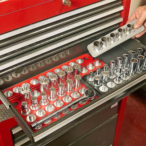 Organized socket tray Socket Trays, Socket Storage, Socket Organizer, Handy Tools, Auto Mechanic, Socket Wrench Set, Car Buying Tips, Tray Organization, Mechanic Tools