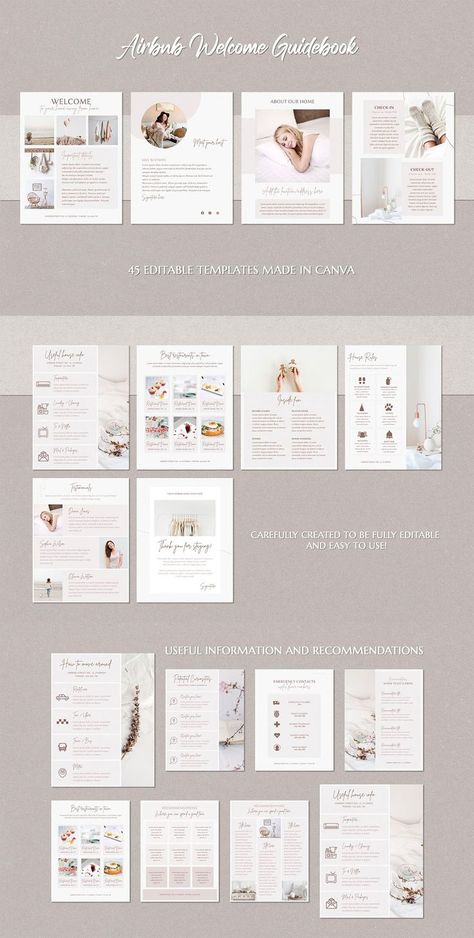 Ad: The Airbnb Welcome Guidebook template is a collection of 45 completely editable Canva templates designed for Airbnb business owners. These templates are designed to be user-friendly and easy to customize so that you can create a beautiful and feminine Welcome Guidebook for your guests. $45 Guidebook Template, Airbnb Business, Market Shopping, Canva Templates, Brochure Template, Guide Book, Business Owners, Creative Market, Template Design