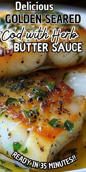 Golden Seared Cod with Herb Butter Sauce Herb Butter Sauce, Seared Cod, Fish Batter, Cod Fillets, Cod Fish Recipes, Fish Recipes Baked, Fish Dinner Recipes, Seafood Entrees, Yummy Seafood