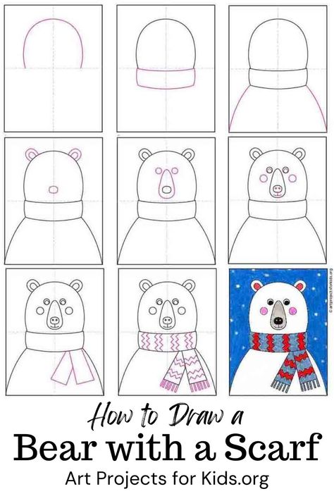 Draw A Bear, Trin For Trin Tegning, Winter Art Lesson, Face Tutorial, Winter Drawings, 2nd Grade Art, Winter Art Projects, Head Art, Výtvarné Reference