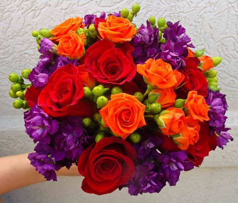 Red, purple and orange. Purple Red And Orange Wedding, Wedding Color Schemes Purple, Bestie Wedding, Purple Flower Arrangements, Black Quince, Prom Bouquet, Pink Flower Arrangements, Purple Petunias, Work Decor