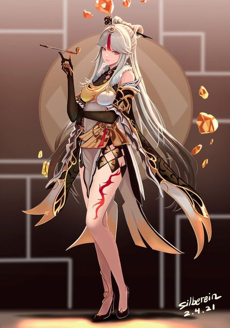 Ningguang Tattoo, Genshin Impact White Hair, Tassel Tattoo, Vision Genshin, Velvet Crowe, Female Armor, Claw Ring, Dress Design Sketches, Body Picture