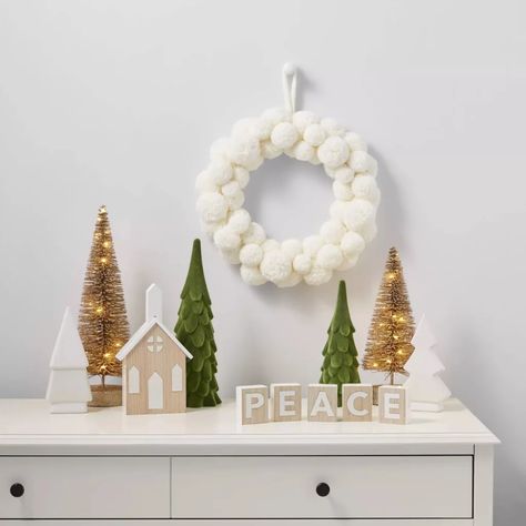 Target White Pom-Pom Wreath Pom Wreath, Faux Rust, Target Christmas, Target Holiday, Pom Pom Wreath, Neutral Christmas Decor, Neutral Christmas, Celebrate Good Times, Eucalyptus Garland