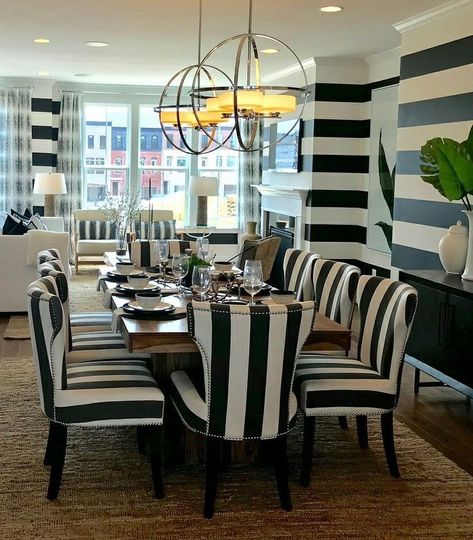 Black and white stripe overload Striped Chair, Black And White Decor, Striped Cushions, Decorative Cushion Covers, Wall Patterns, Cushion Covers, Wall Design, White Stripe, Dining Chairs