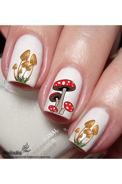 Mushroom Nail Art Decal Sticker Nail Design Mushroom, Trippy Mushroom Nails, Nail Mushroom, Anytime Nails, Mushroom Nail Art, Mushroom Nails, Nail Decals Designs, Fairy Nails, Beauty Hacks Nails