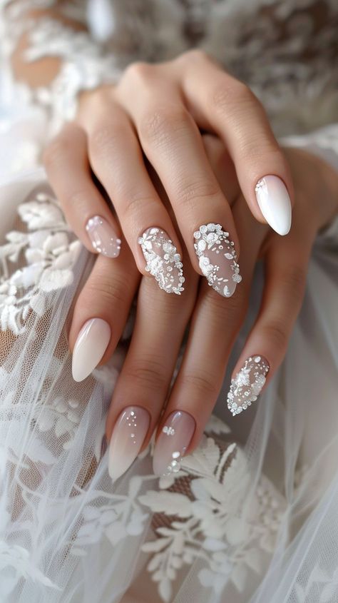 Nail Bride Wedding, Nail Art Wedding Elegant White, Wedding Nail Ideas For The Bride, Bride To Be Nails, Wedding Nails Pearl, Nail Designs For Brides, Bridal Nail Designs, Wedding Nails For Bridesmaids, Wedding Nails Design The Bride