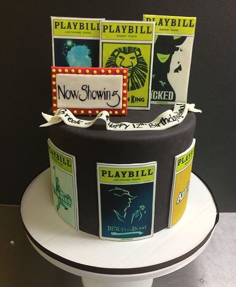 Broadway show cake with play bills from famous Broadway shows. Broadway Cake, Broadway Sweet 16, Musical Birthday Party, Theatre Cake, Whimsical Cakes, Broadway Theme, Graduation Cake Designs, Broadway Party, Broadway Show