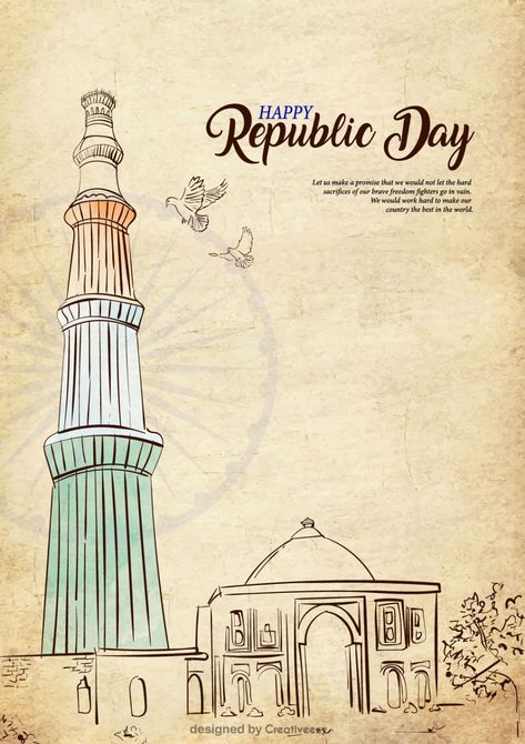 republic-day-wishes-with-qutub-minar-brown-line-art-vector-design Republic Day Illustration Art, Qutub Minar Sketch, Qutub Minar Drawing, Republic Day Illustration, Republic Day Art, Indian Constitution Day, Tiranga Flag, Brown Line Art, Republic Day Drawing