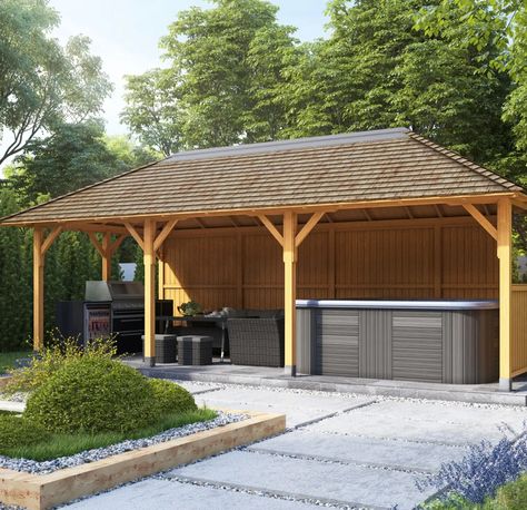 Wooden Hot Tub Shelters | Hot Tub Enclosures | Crown Pavilions Hot Tub Under Covered Patio, Hot Tub Enclosure Ideas, Wooden Hot Tub, Hot Tub Shelters, Pool Pavilion, Hot Tub Gazebo, Tub Enclosures, Shelter Design, Wooden Gazebo