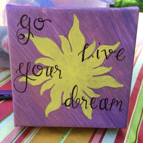 Go Live Your Dream Tangled, Paintings Simple, Disney Canvas Paintings, Tangled Painting, Painting Ideas Easy Simple, Tangled Sun, Grad 2023, Parking Spot Painting, Spot Painting