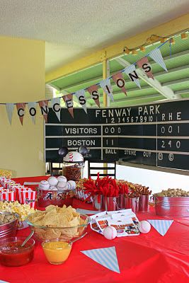 Love the expanse of the theme.    @Kristin Petersen Boston Themed Party, Red Sox Birthday Party, Brunch Tables, Red Sox Party, Sports Party Centerpieces, Baseball Theme Birthday, Socks Party, Baseball Theme Party, Sports Baby Shower