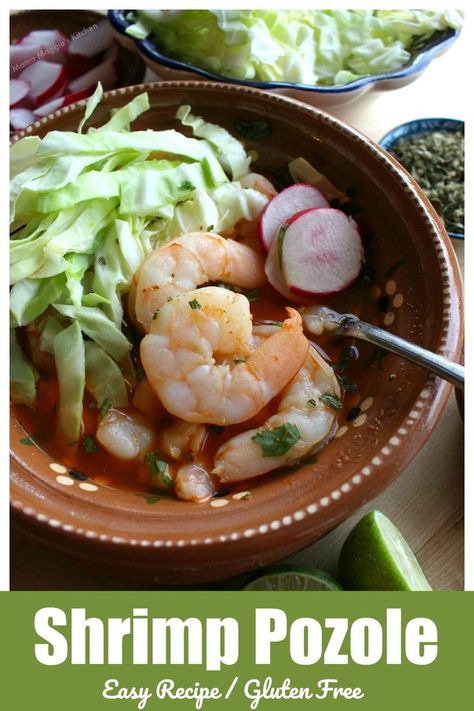 Shrimp Pozole (Pozole de Camaron) is a hearty and incredibly delicious Mexican stew. It's ready in 30 MINUTES! Add all the toppings - cabbage, radishes, onions, oregano, etc. - to a satisfying bowl of yummy goodness. Bonus: It's gluten free! Such an easy dish to love. Check out the step-by-step recipe tutorial by Mama Maggie's Kitchen Mexican Shrimp Recipes, Mexican Stew, Mexican Shrimp, Mexican Dinner Recipes, Shrimp Dishes, Hearty Stews, Shrimp Recipe, Cooking Spoon, Easy Dishes